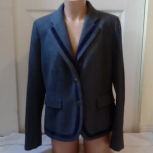 LOFT Wool Blend Charcoal Blazer with Navy Velvet Trim, Size 14